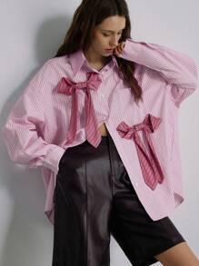 Aveloria Modichic Camisa de mujer con escote de corbata y rayas, estilo holgado y tipo novio, con adorno de lazo, para otoño/invierno, camisas lindas y divertidas