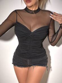 Chiquease Camiseta de lujo pura y elegante con manga larga, cuello alto, ajuste delgado, busto fruncido y plisado, y contraste de unicolor en malla transparente para primavera/verano - Negro - Ver 6