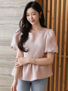 DAZY Women's Casual Solid Color Puff Sleeve Blouse, Summer,Babydoll Top - Pink - View 6