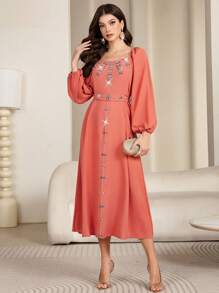 Al Najma Vestido midi elegante para mujer con hombros descubiertos, adorno de perlas falsas y detalles brillantes, para uso diario