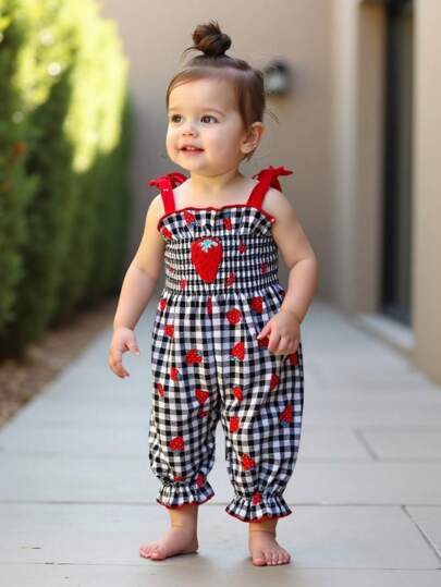SHEIN Baby Girl Strawberry Embroidered Strap, Strawberry Print, Black & White Plaid Jumpsuit, Casual Cute Summer Outfit