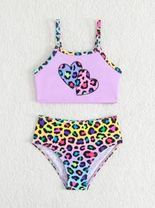 Young Girl 2pcs Ombre Leopard Print Swimwear Set (Set Print) - Multicolor - View 5