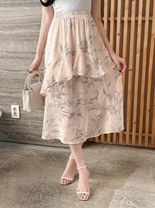 DAZY Damen eleganter asymmetrischer Rüschen-Elastikbund Rock mit Blumendruck - Aprikosenfarben - Übersicht 4