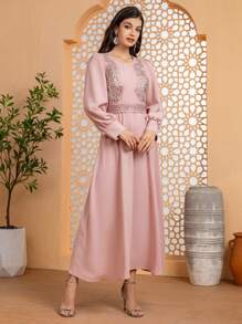 Modelyn 女款優雅圓領梭織布料刺繡腰帶長袖洋裝，修身顯瘦顯身材 - 藕粉色 - 查看 5