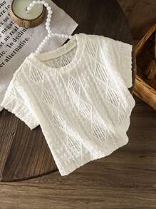 SHEIN LMoss Kids LMoss Young Girl Solid Color Jacquard Knit Round Neck Fitted Cropped T-Shirt