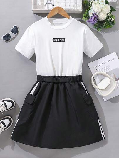 SHEIN 1 件青少年女孩黑白拼布时尚休闲连衣裙