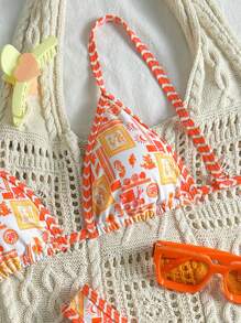 Swim Mod 2pcs/Set Women Summer Multicolor Random Print Spaghetti Strap Bikini Top & High Cut Bikini Bottom