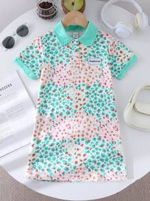 SHEIN 1-Piece Girl Toddler Dress Casual Style Polo Collar Short Sleeve All-Over Printed Colorful Leopard Dress Spring Summer Autumn Suitable For School Parties Daily Wear Home Leisure And Various Occasions