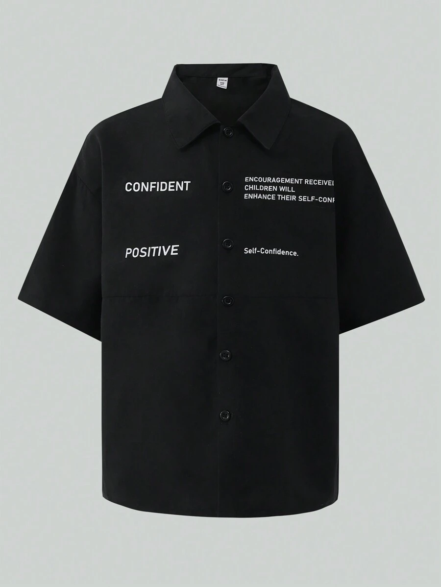 SHEIN 1pc Boys Casual Solid Color Short Sleeve Shirt,Black Summer School Top With CONFIDENT & POSITIVE English Characters,Uplifting Lifestyle Attitude - Black - View 1