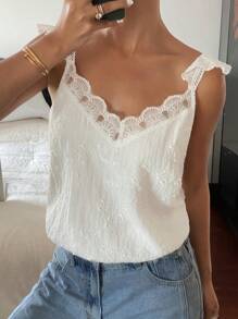 Serisse 女士纯色撞色蕾丝灯笼袖衬衫 - 米色 - 查看 5