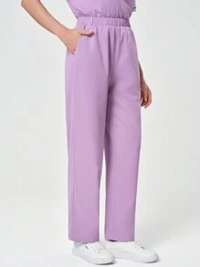 Scrubzie 2pcs/Set Women Wrinkle Resistant Loose V-Neck Contrast Color Long Top & Long Pants /Nursing Scrub Uniform - Purple - View 5