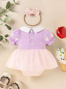 SHEIN Princess Style Dress Set For Toddler Girls, Includes Collar Heart Print Short Sleeve Romper, Tulle Overlay, Bow Headband, Fashion Cute Party Outfit - Purple - View 2