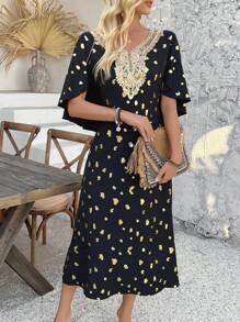 SHEIN Clasi Fashionable Golden Bead Decor Gathered Waist Slit Shoulder Dress, Unique And Elegant Dress Retro Style For Spring&Summer - Black - View 3