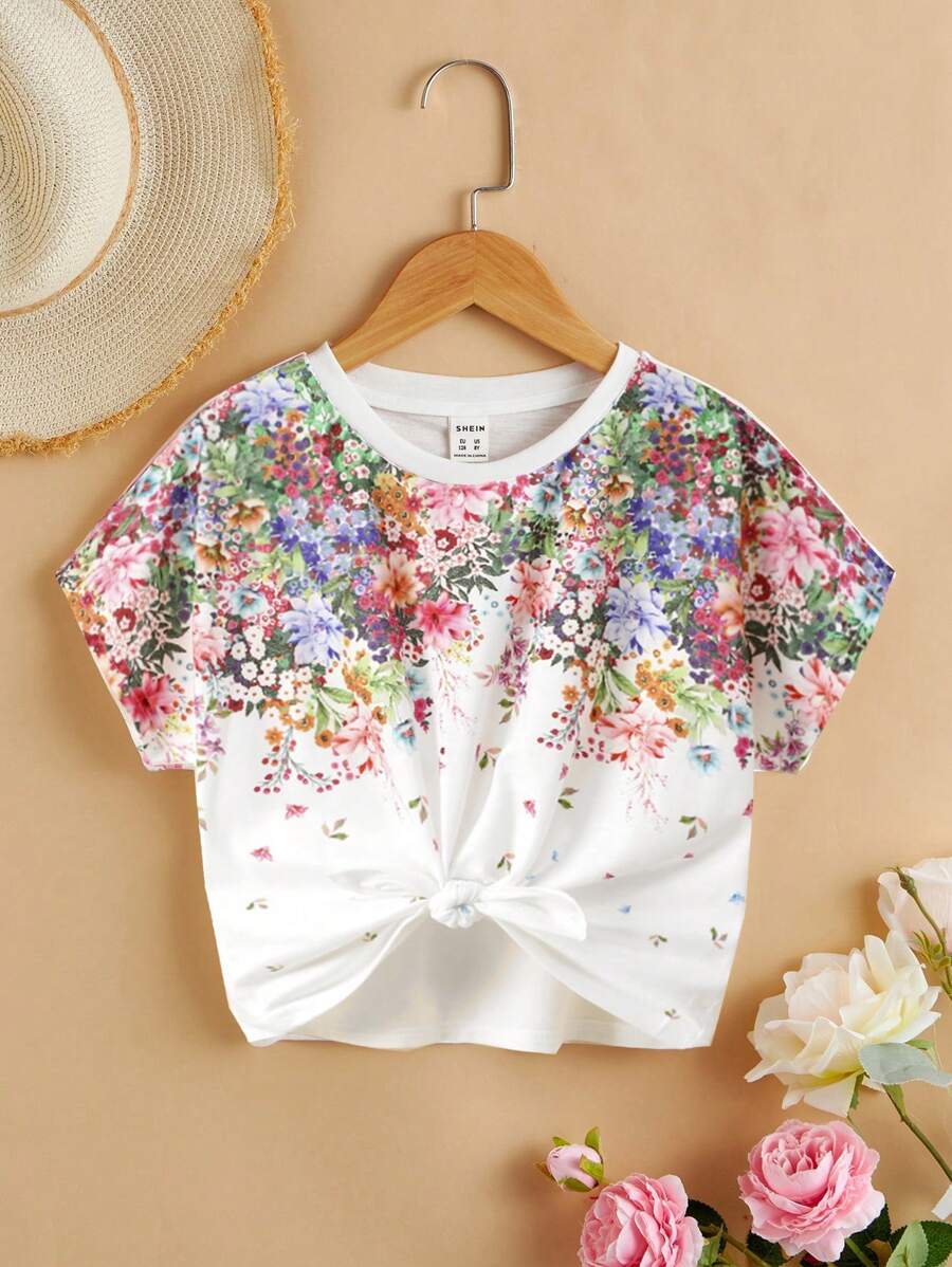 SHEIN تي شيرت فضفاض مطبوع بزهور مكشكش في الأطراف للفتيات المراهقات