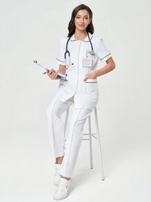 TaskEZ Women's Scrub Uniform Set With Pockets Top And Pants - White - View 3