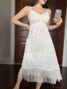 DAZY Vestido de mujer de longitud media con cuello en V sin mangas con flecos, vestido de fiesta, vestido de verano, vestido de graduación, vestido de cóctel - Beis - Ver 8