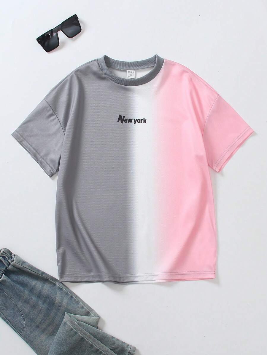 SHEIN 1 pieza Camiseta de cuello redondo de manga corta con degradado para niños, camiseta gráfica con logotipo de streetwear de corte oversize, adecuada para uso casual, caminar, skate, escuela, verano - Multicolor - Ver 1