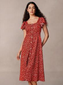 SHEIN Frenchy Women's Heart Print Square Neck Ruffle Sleeve Single-Breasted Casual Dress Summer Christmas New Year Thanks Giving Red