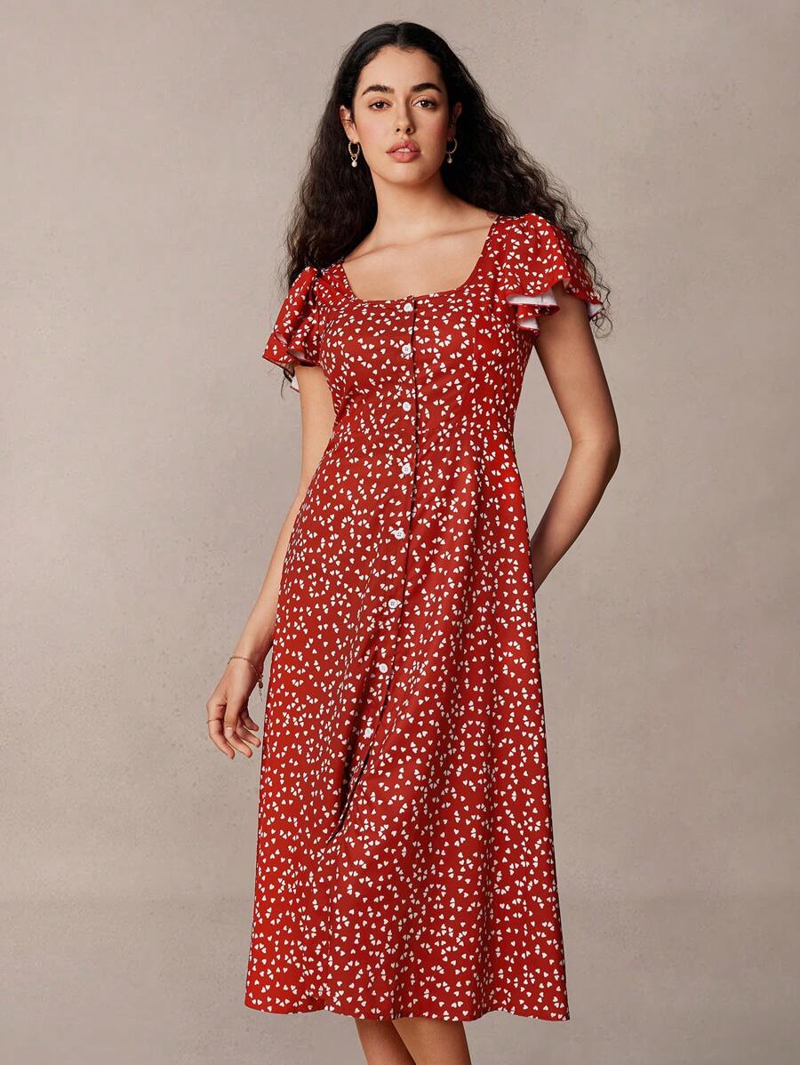 SHEIN Frenchy Women's Heart Print Square Neck Ruffle Sleeve Single-Breasted Casual Dress Summer Christmas New Year Thanks Giving Red