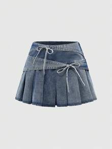 ROMWE Kawaii Sweet Bowknot Ruffle Decor Women Low Waist Mini Skirt, Versatile For Summer