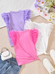 3Pcs Tween Girls Fuchsia, White & Purple Multi-Layer Mesh Ruffle Trimmed Rib-Knit Tank Top Casual/Formal 3-Piece Set, Spring/Summer, School, Campus, College - Multicolor - View 2