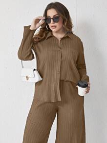 Mulvari Plus Size Vintage Style Collared Simple Top And Loose Wide-Leg Pants 2 Pieces Set - Brown - View 1