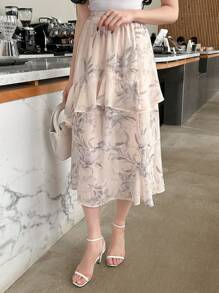 DAZY Damen eleganter asymmetrischer Rüschen-Elastikbund Rock mit Blumendruck - Aprikosenfarben - Übersicht 1