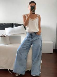 Serisse 女士纯色撞色蕾丝灯笼袖衬衫 - 米色 - 查看 6