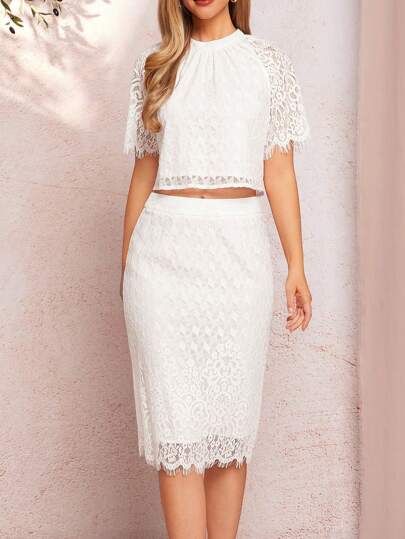 SHEIN Clasi Elegant Women's White Lace Collar Pleated Fringe Top And Hip Hugging Straight Leg Skirt, Suitable For Various Occasions, Spring And Summer Seasons