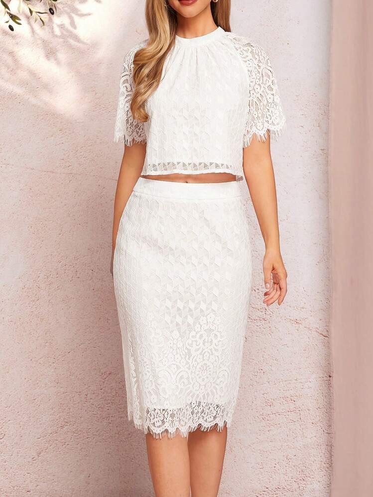 SHEIN Clasi 优雅女士白色蕾丝领褶皱流苏上衣和紧身直腿裙，适合各种场合，春夏季节 - 白色 - 查看 1
