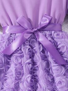 Vestido floral 3D con manga de perla y cinturón para niñas preadolescentes, elegante para el verano - Morado - Ver 5