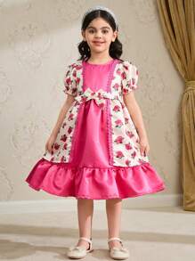 Đầm suông đơn giản cổ tròn tay ngắn họa tiết chắp vá màu trơn cho bé gái - Màu Hồng Tươi - Xem 5