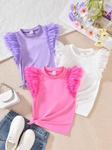 3Pcs Tween Girls Fuchsia, White & Purple Multi-Layer Mesh Ruffle Trimmed Rib-Knit Tank Top Casual/Formal 3-Piece Set, Spring/Summer, School, Campus, College - Multicolor - View 3