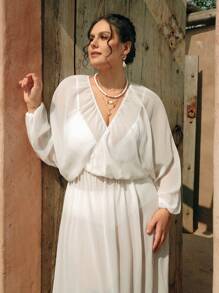 Swim Chiccia Plus Size Women's Elegant V-Neck Lantern Sleeve Pullover Summer Beach Vacation Cover-Up - White - View 3