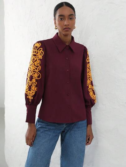 SHEIN Privé Kadınlar İçin Şık Üst Sınıf İşlemeli Düğmeli Fener Kol Orta Uzunlukta Bluz, Basitleştirilmiş Stil