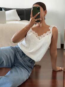 Serisse 女士纯色撞色蕾丝灯笼袖衬衫 - 米色 - 查看 4