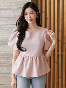 DAZY Women's Casual Solid Color Puff Sleeve Blouse, Summer,Babydoll Top - Pink - View 1