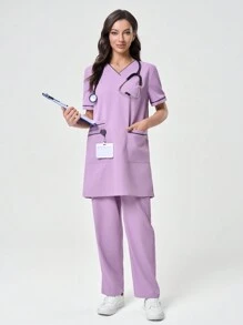 Scrubzie 2pcs/Set Women Wrinkle Resistant Loose V-Neck Contrast Color Long Top & Long Pants /Nursing Scrub Uniform - Purple - View 7