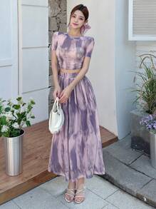 DAZY 两件套：扎染印花短袖圆领T恤和高腰碎花裙 - 藍色 - 查看 6