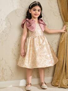 SHEIN Young Girl Floral Jacquard Bow Shoulder Sleeveless Dress - Multicolor - View 3