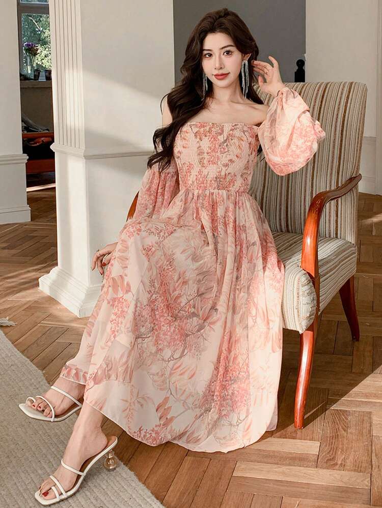 Floral Print Off Shoulder Midi Dress For Women,Milkmaid Dress,Fall Dress Long Sleeve Dress Boho