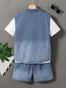 3pcs Boys Denim Blue Ombre Casual Vest Set With Denim Shorts And T-Shirt With "Milano" Letter Print, Spring/Summer Fashion New Set - Multicolor - View 2