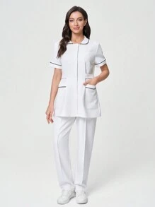 TaskEZ Women's Scrub Uniform Set With Pockets Top And Pants - White - View 6
