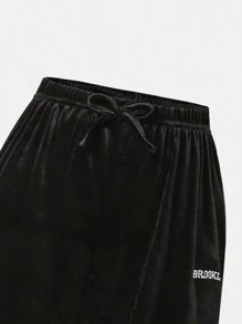 Tween Girls' Simple Letter Embroidered Casual Wide Leg Pants - Black - View 4