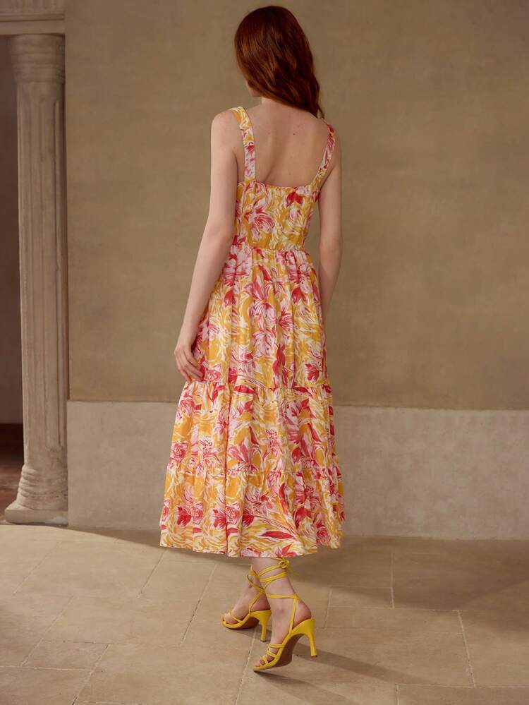 WOMEN'S LINEN FLOWER PRINT STEREO FLORAL GATHERED MIDI DRESS, SUMMER VACATION DRESS