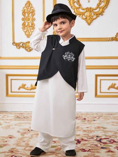 2 件套年轻男孩宽松休闲几何印花衬衫长袍和背心套装，适合儿童装、返校、派对、表演、婚礼、洗礼、学校活动、日常穿着、春季、夏季