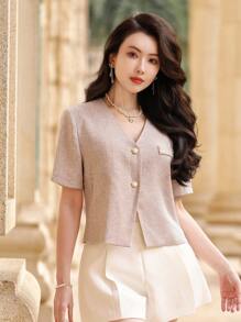 DAZY Women's Solid V-Neck Short Sleeve Single Breasted Casual Blazer Business Attire - Pink - View 5