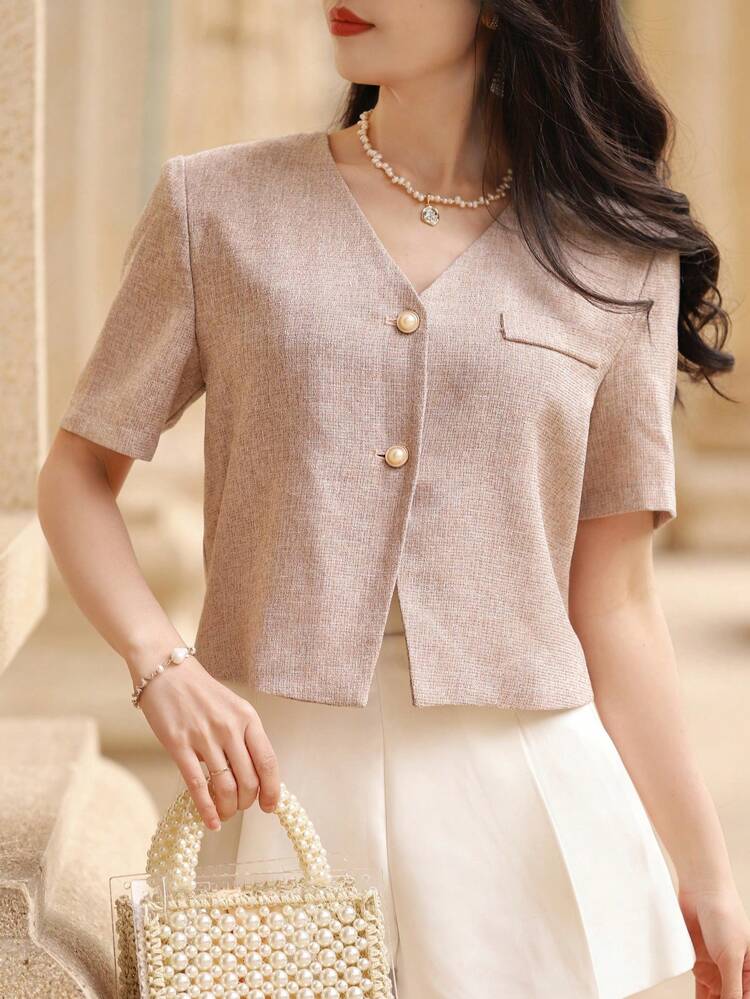 Women's Solid V-Neck Short Sleeve Single Breasted Casual Blazer Business Attire