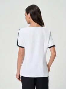 Scrubzie Anti-Wrinkle, Black And White Splice V-Neck Women's Scrub Uniform Top - Black and White - View 2