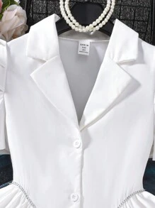 1pc Tween Girls' European Princess Style White Elegant Ruffled Layered Cake Dress, Spring/Summer - White - View 7